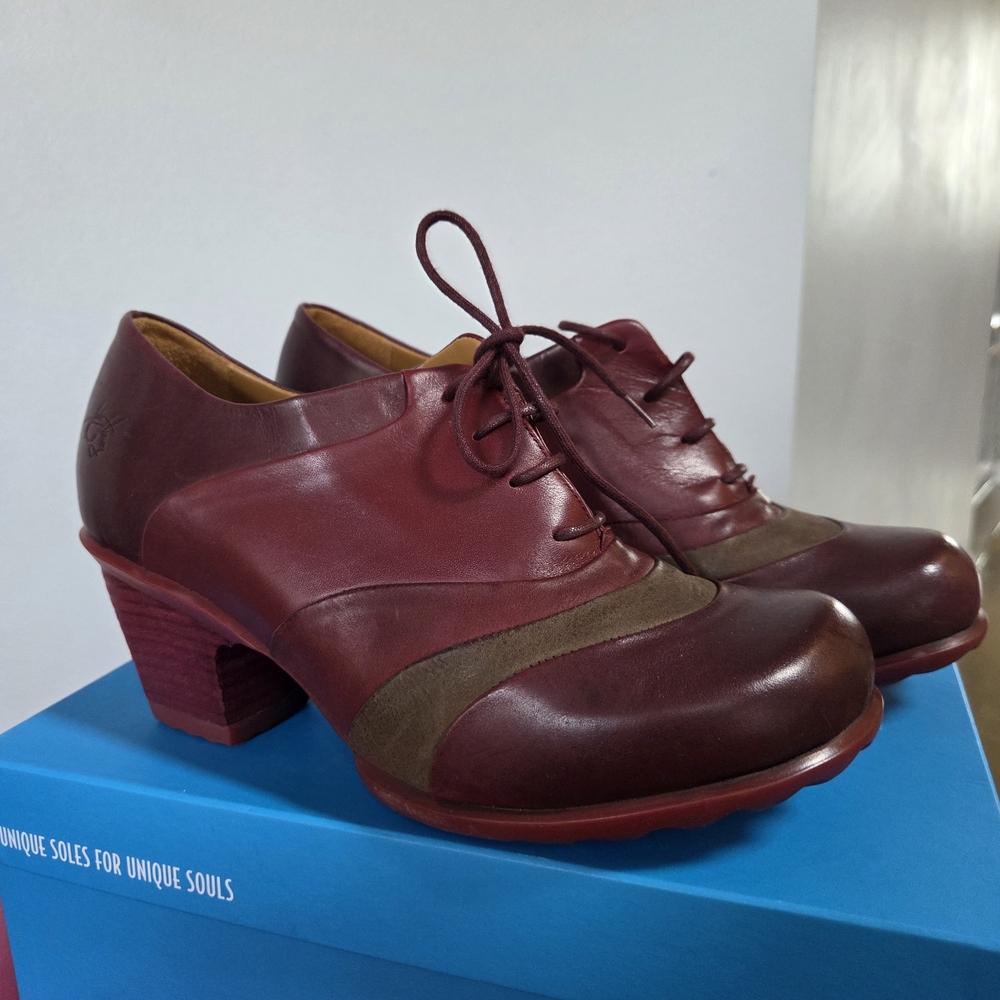 John Fluevog Burgundy and Brown Lace-Up Heels
